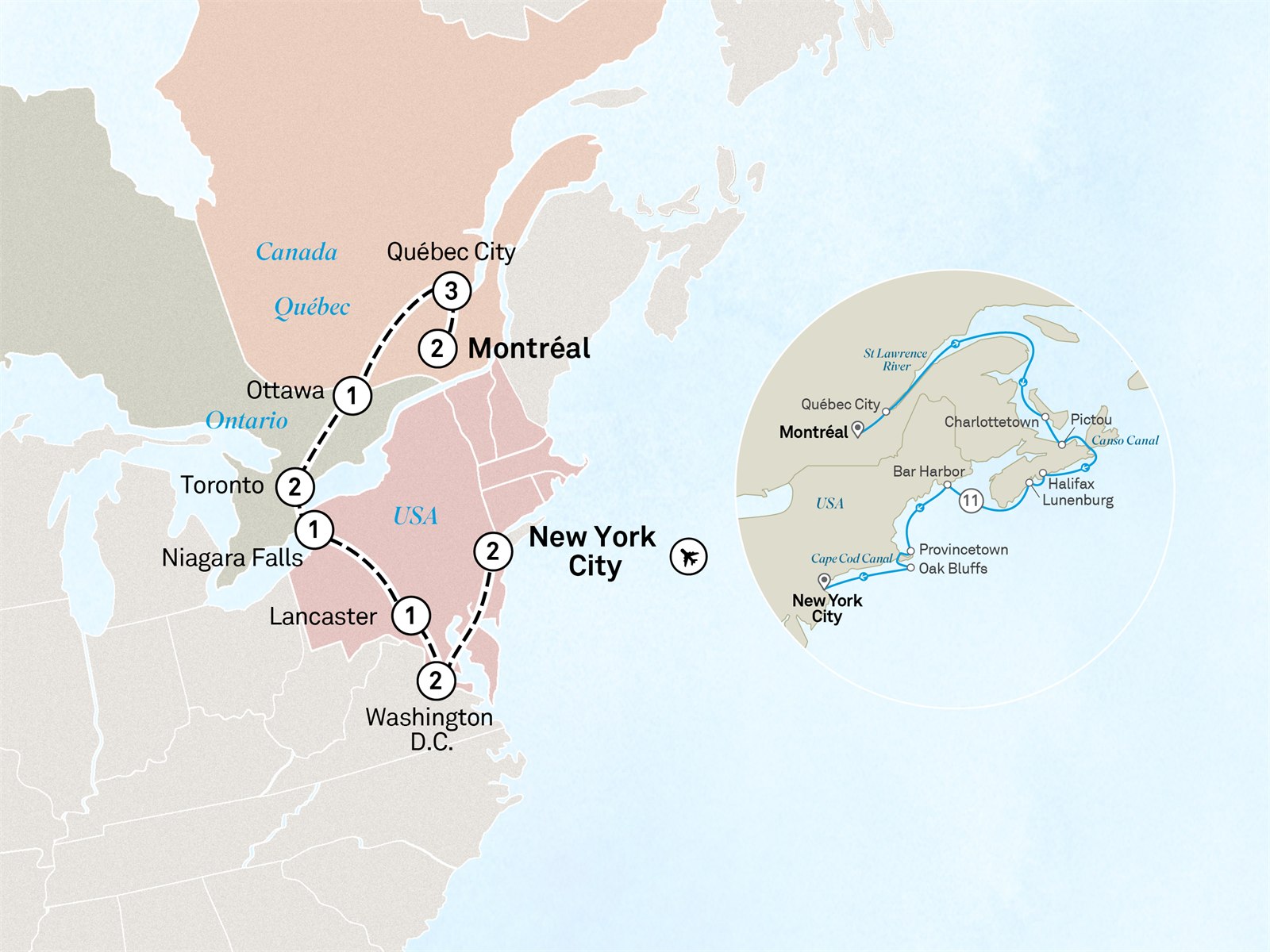 Canada & USA Explorer: Autumn Foliage of the East Coast - Cruise & Land Journey: New York City to New York City Scenic itinerary route map for voyage OYT6300828.1