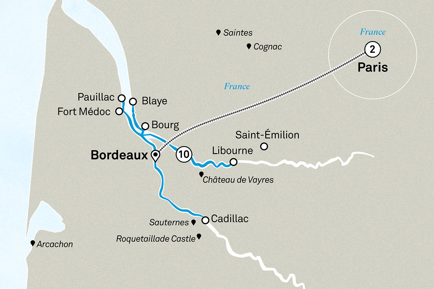 Beautiful Bordeaux with Highlights of Paris Scenic itinerary route map for voyage PABO030927.1