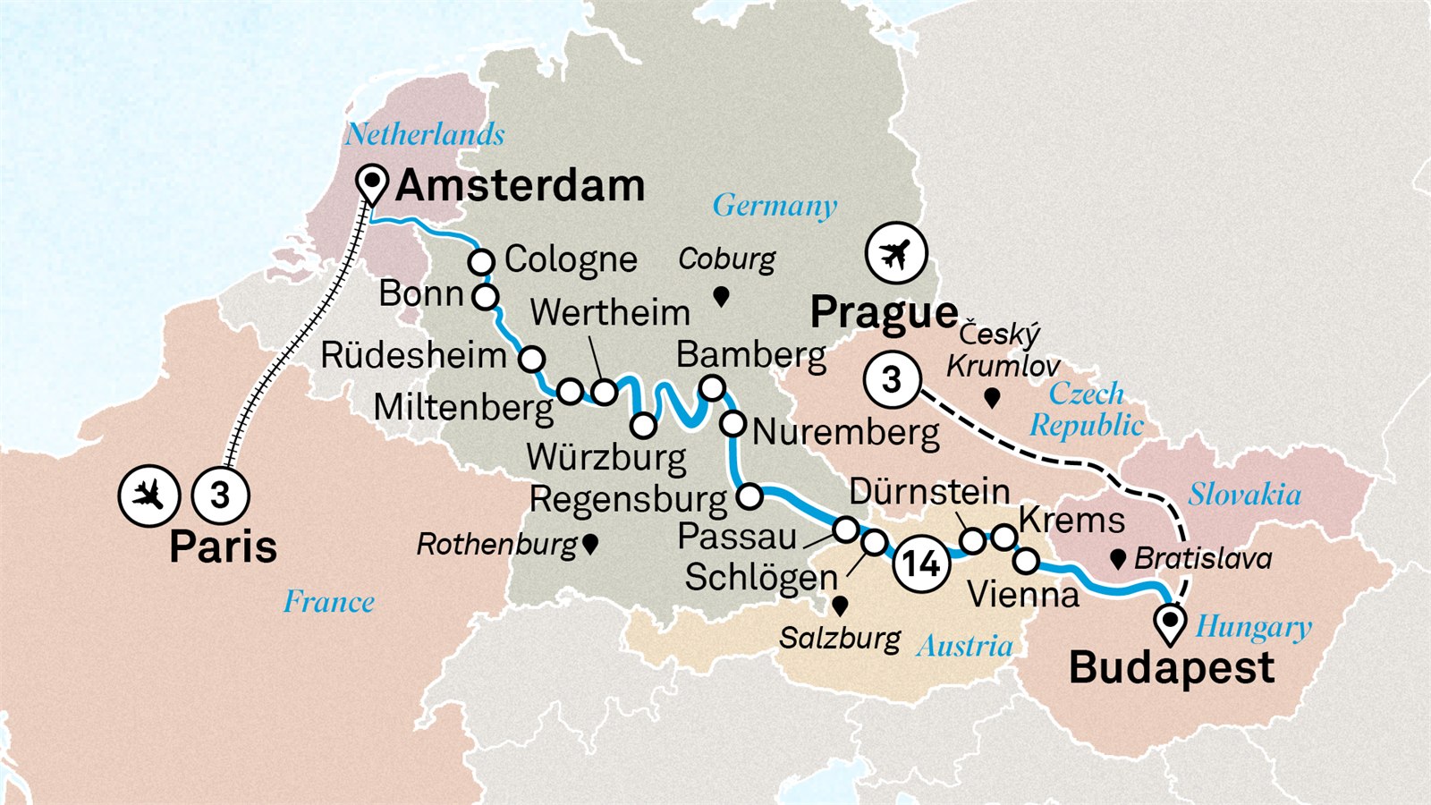 Jewels of Europe with Paris & Prague Scenic itinerary route map for voyage PACP100927.1