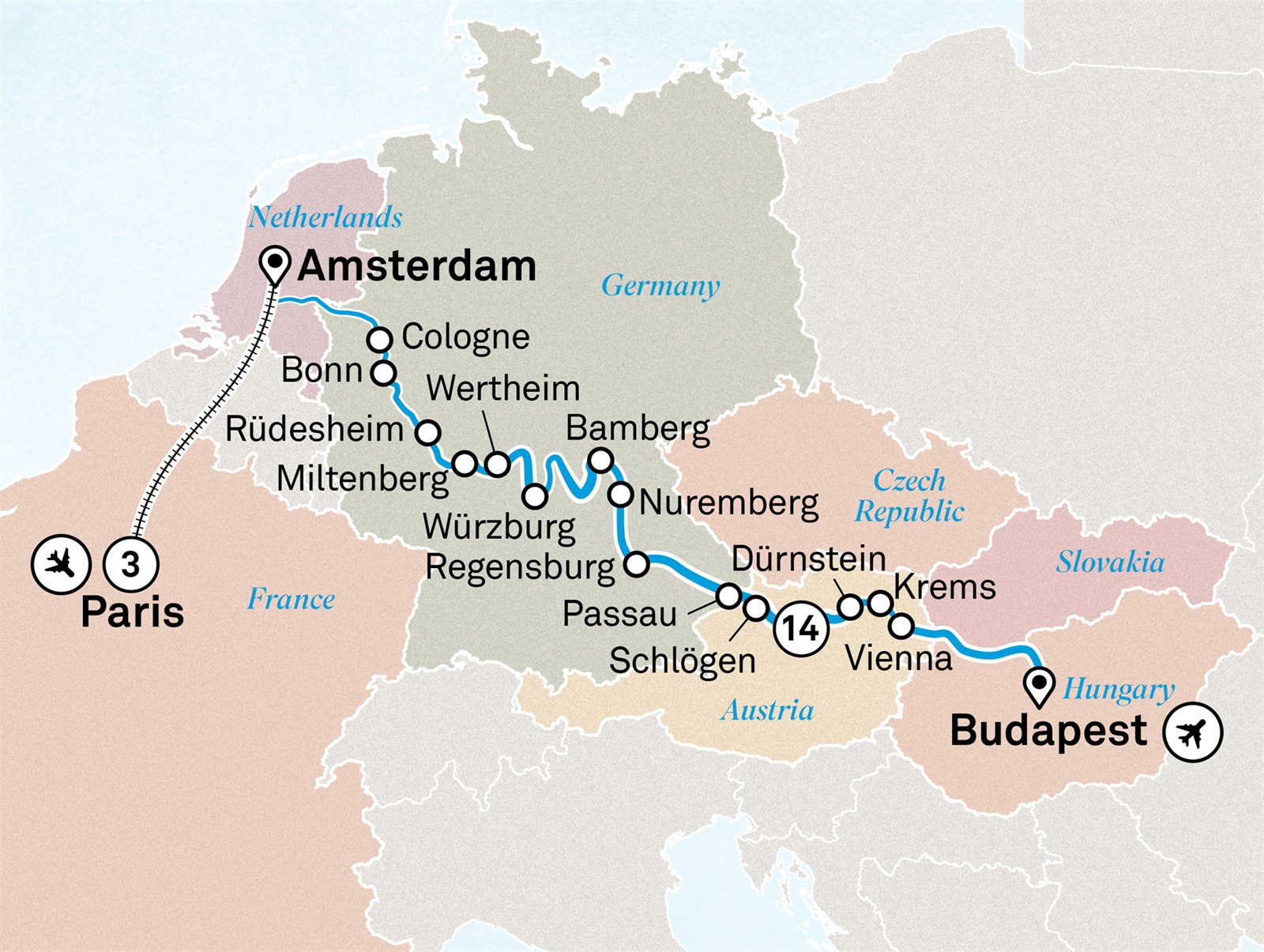 Jewels of Europe with Paris: Paris to Budapest Scenic itinerary route map for voyage PACR041026.1
