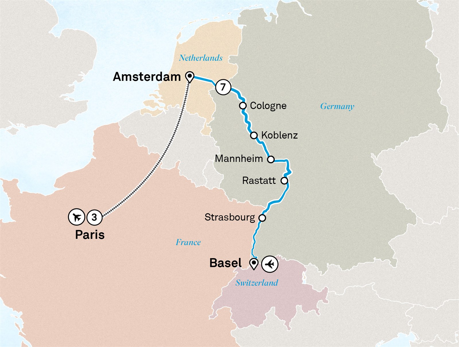 Rhine Highlights with Paris: Basel to Paris Scenic itinerary route map for voyage PAMB060727.2