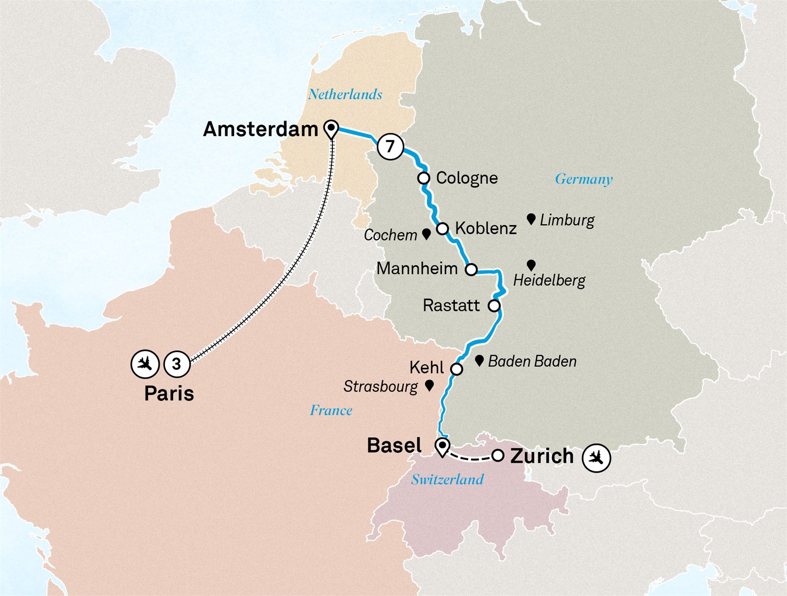 Rhine Highlights with Paris: Paris to Zurich Scenic itinerary route map for voyage PAMZ130627.1