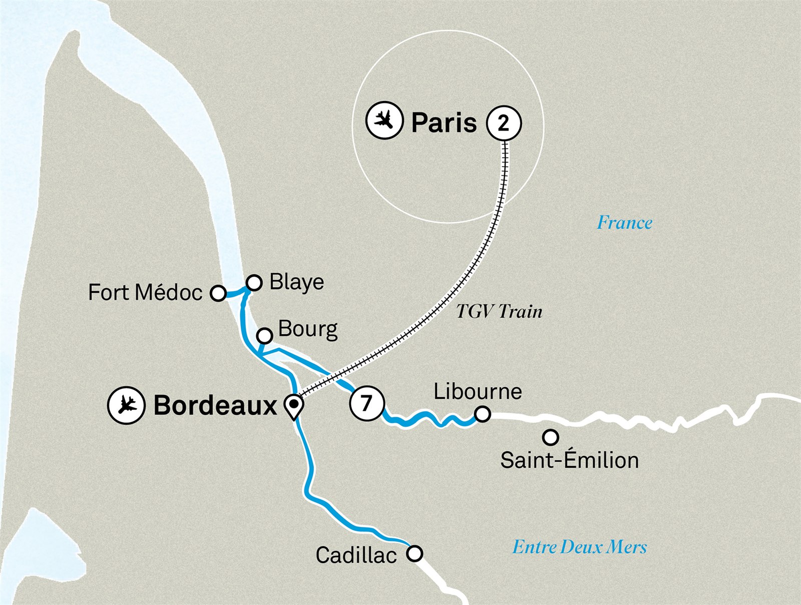 Bordeaux Affair with Highlights of Paris Scenic itinerary route map for voyage PARB270627.1