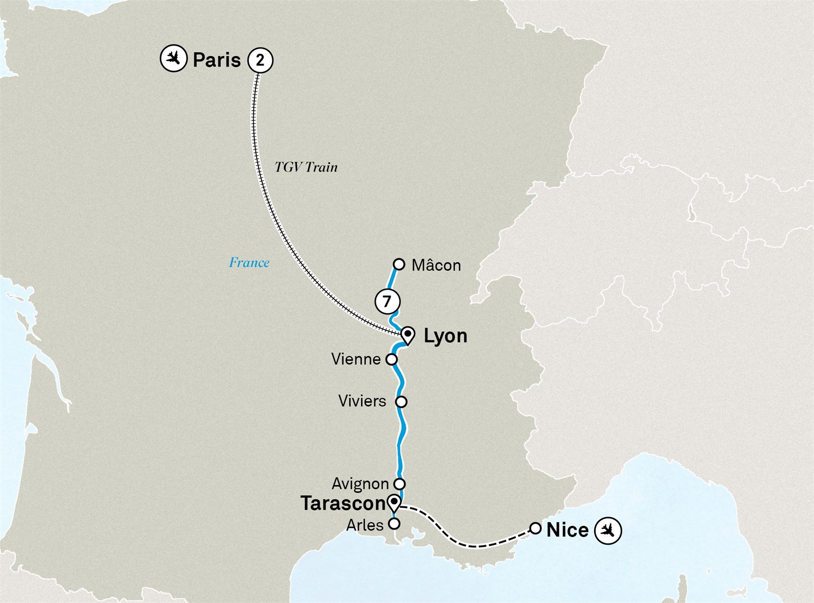 Idyllic Rhône with Highlights of Paris: Paris to Nice Scenic itinerary route map for voyage PARR230926.1