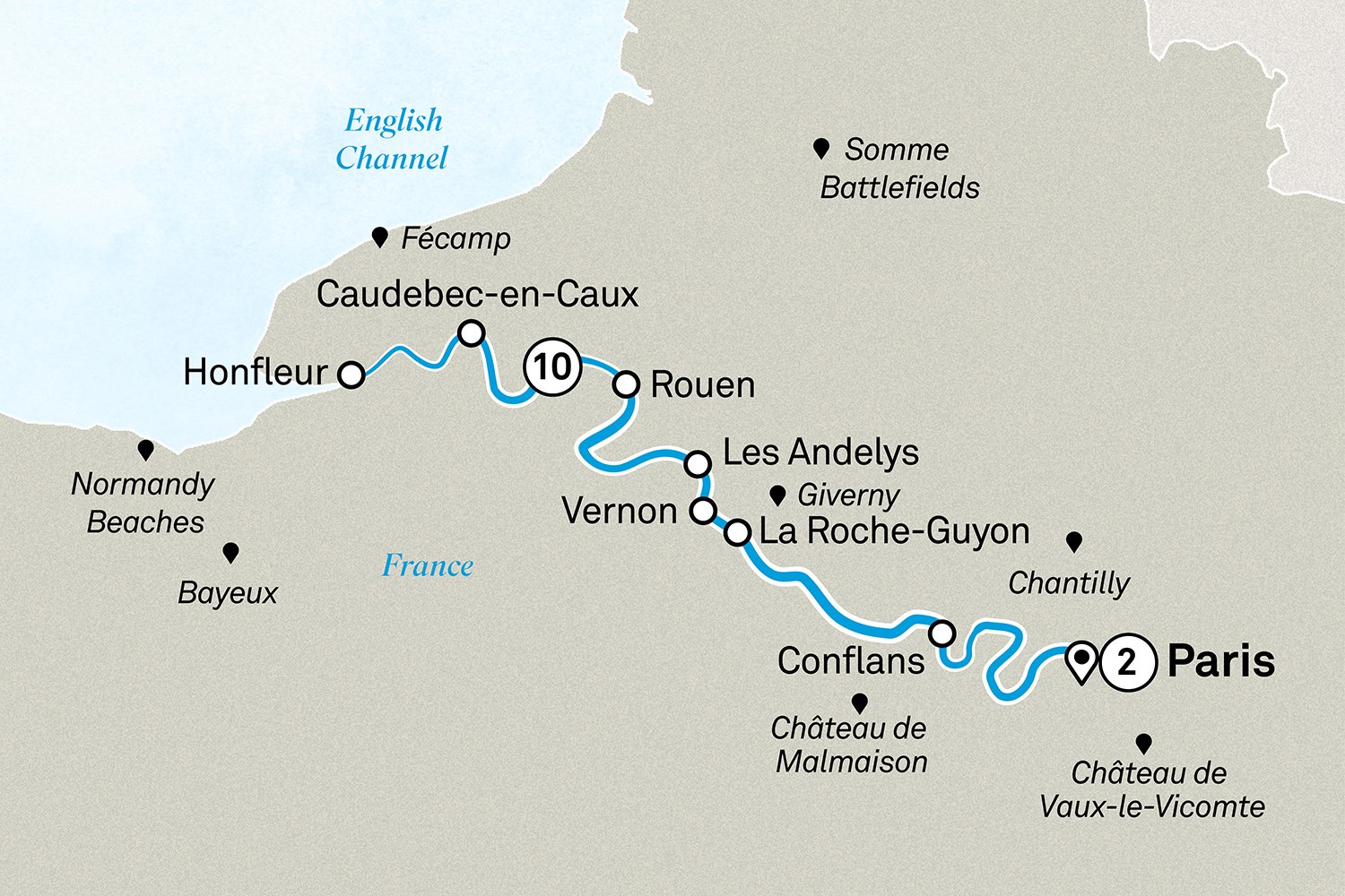 Normandy & Gems of the Seine with Highlights of Paris Scenic itinerary route map for voyage PARS300926.1