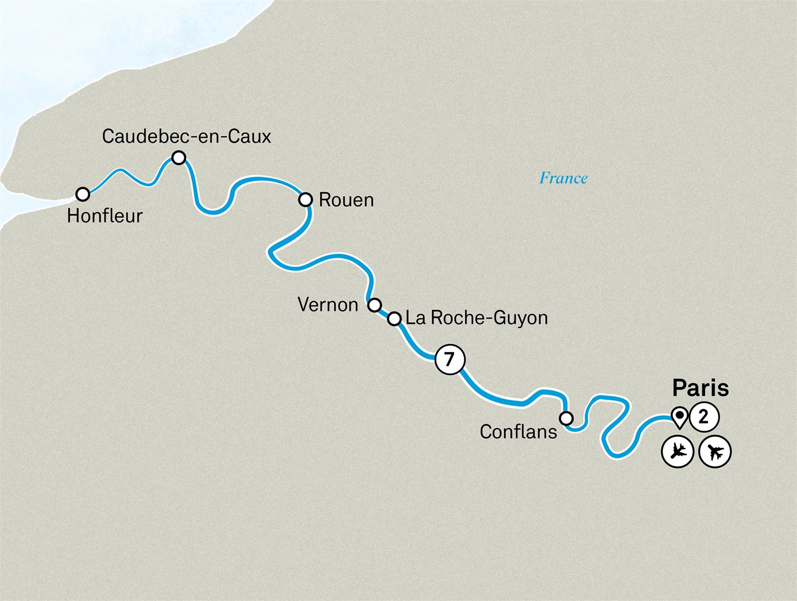 Highlights of Normandy & the Seine with Highlights of Paris Scenic itinerary route map for voyage PASN230926.1