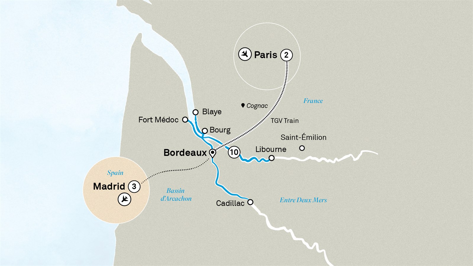 Beautiful Bordeaux with Highlights of Paris & Madrid Scenic itinerary route map for voyage PBOM101027.1