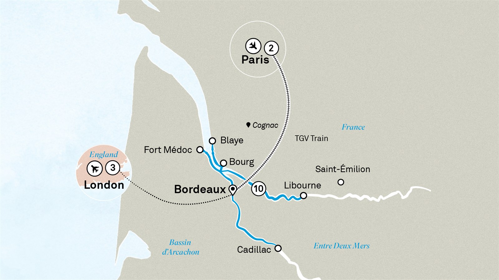 Beautiful Bordeaux with Paris & London Scenic itinerary route map for voyage PBRL030926.1