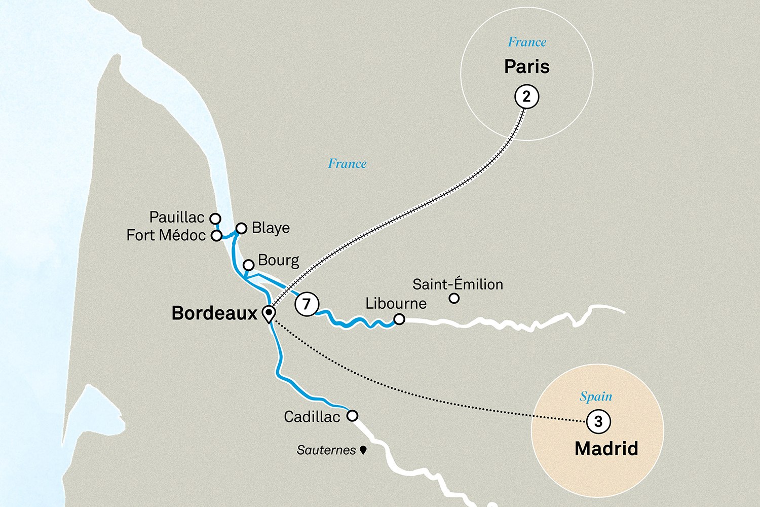 Bordeaux Affair with Highlights of Paris & Madrid Scenic itinerary route map for voyage PBRM040427.1