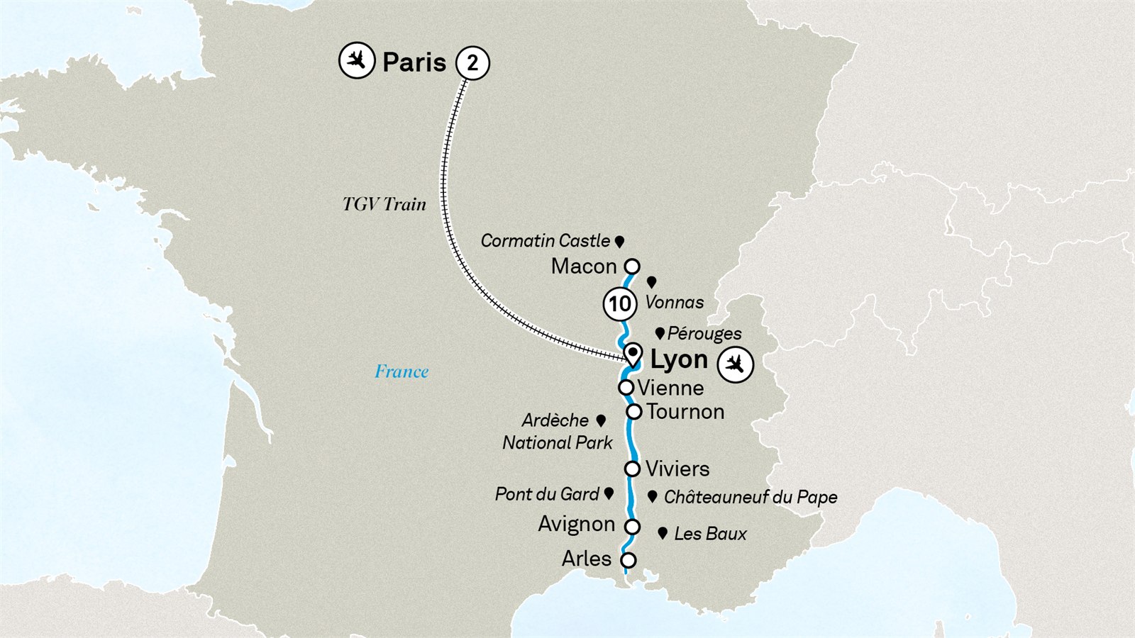 South of France - A Wine Cruise with Highlights of Paris: Paris to Lyon Scenic itinerary route map for voyage PFRC280527.1V