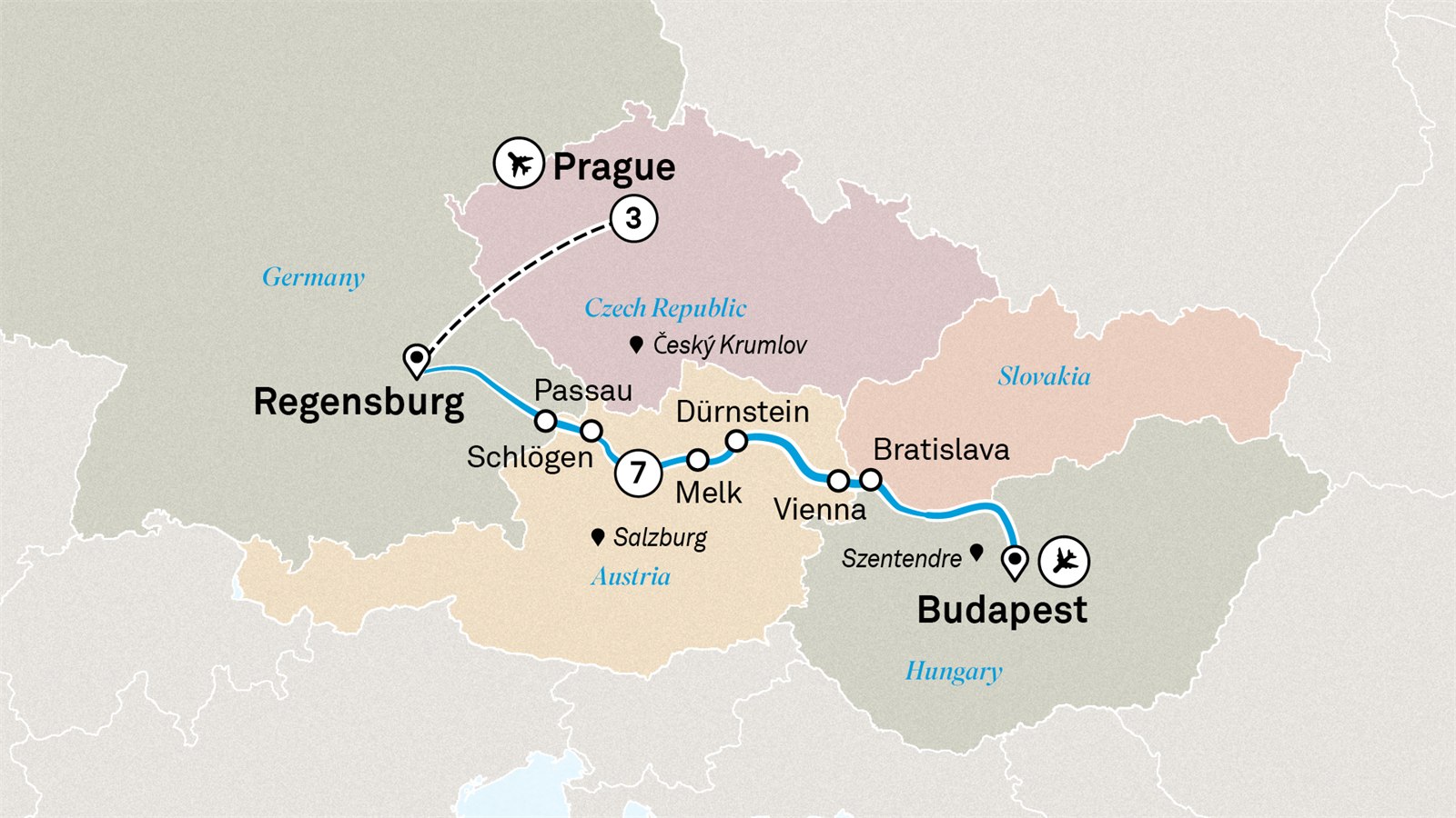 Gems of the Danube with Prague: Prague to Budapest Scenic itinerary route map for voyage PNB250927.1