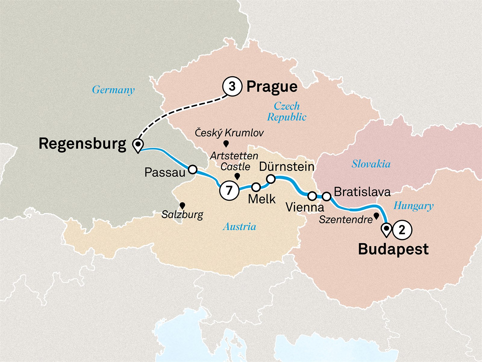 Gems of the Danube with Budapest & Prague Scenic itinerary route map for voyage PNBB020828.2