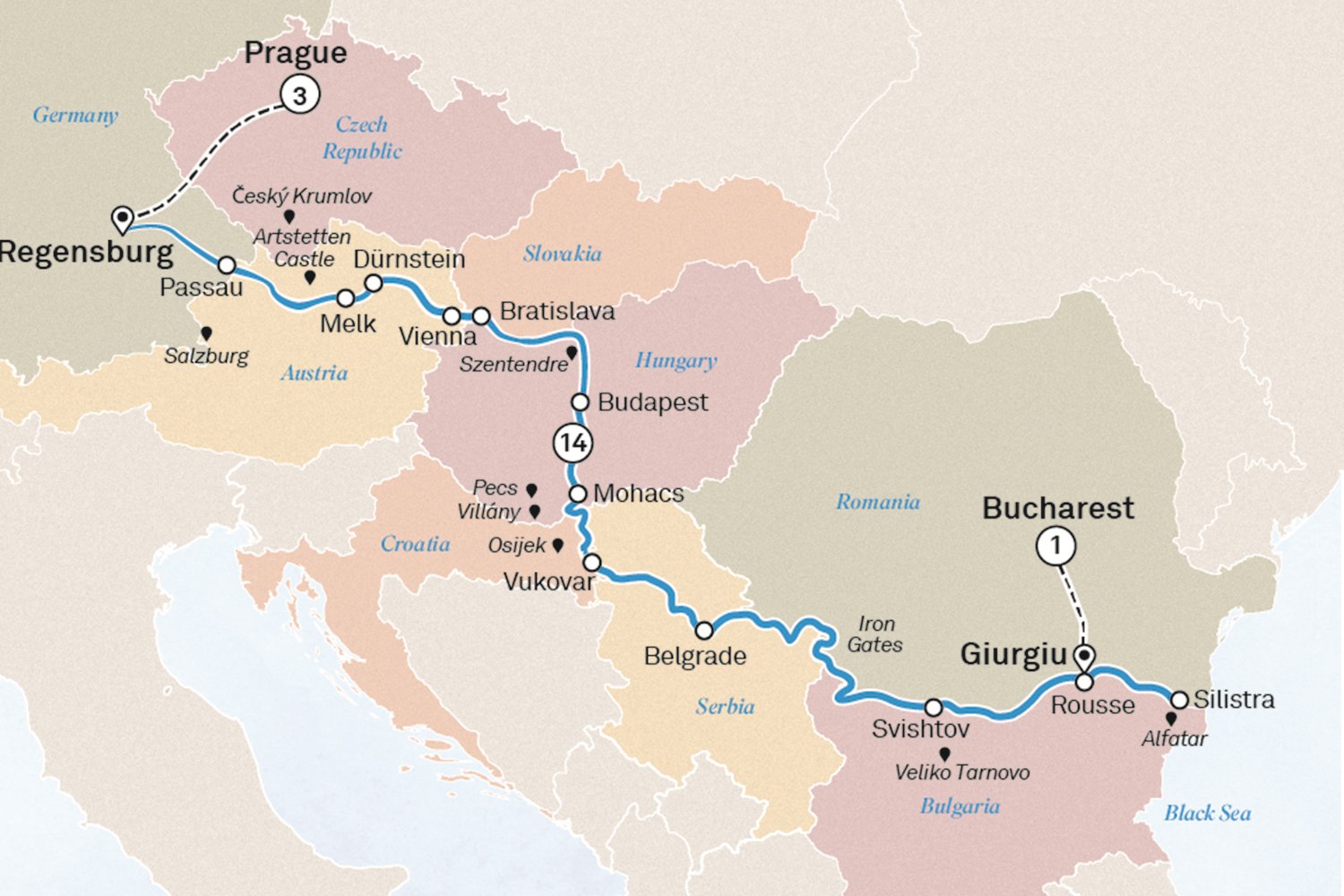 Eastern Europe & Balkans Unveiled & Gems of the Danube with Prague: Bucharest to Prague Scenic itinerary route map for voyage PNBU260427.2
