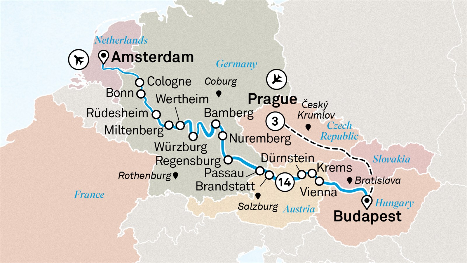 Jewels of Europe with Prague: Prague to Amsterdam Scenic itinerary route map for voyage PRAC100827.2