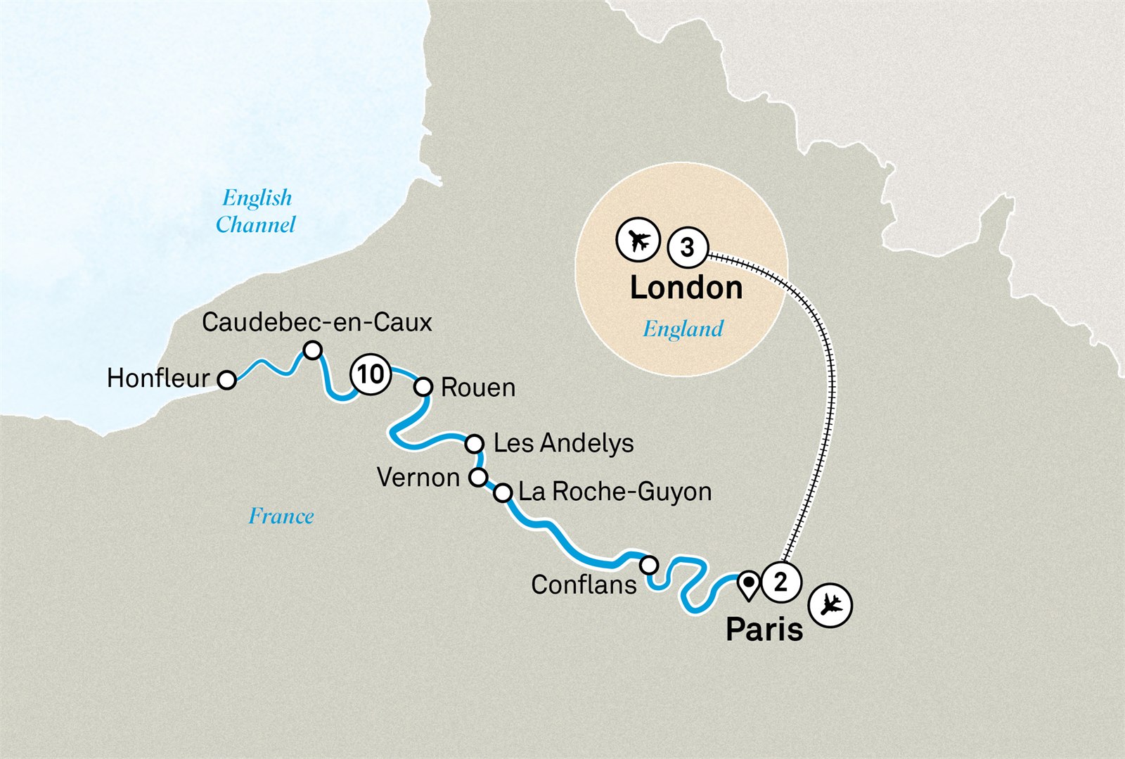Normandy & Gems of the Seine with Paris & London Scenic itinerary route map for voyage PRCL101027.1