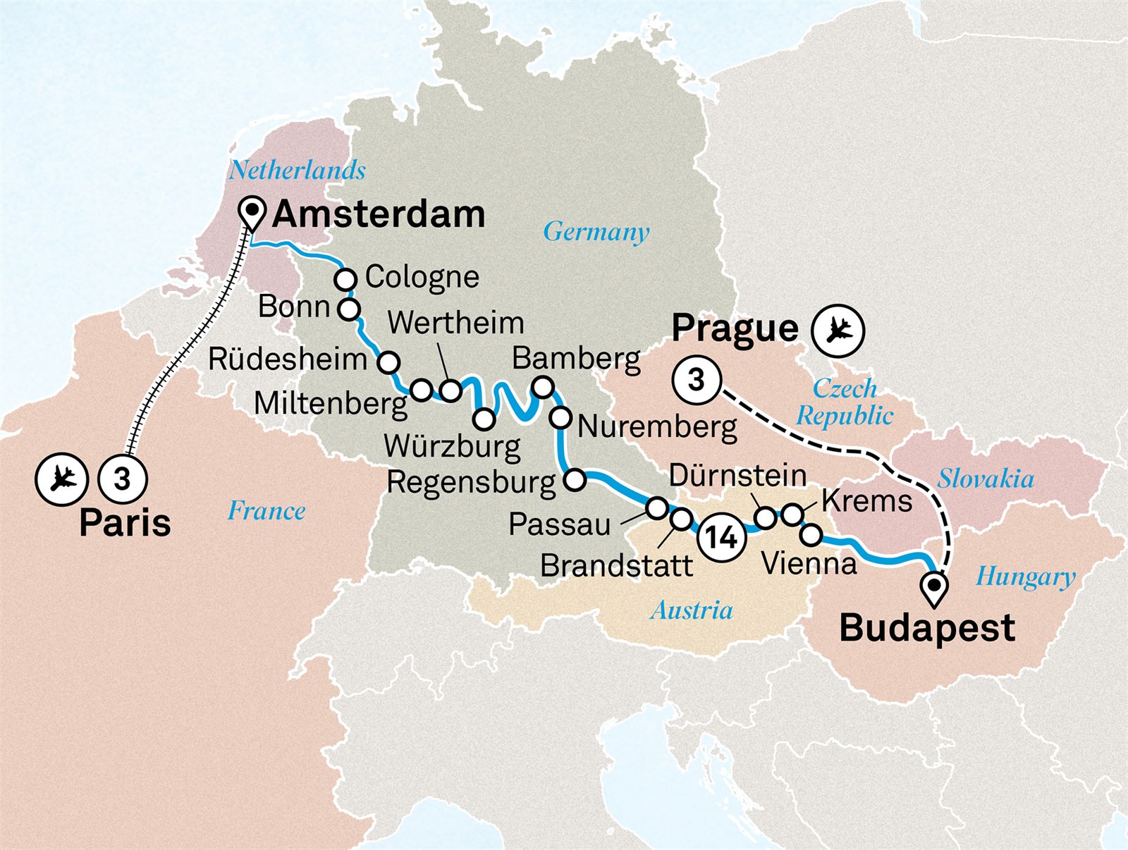 Jewels of Europe with Prague & Paris Scenic itinerary route map for voyage PRCP301026.2