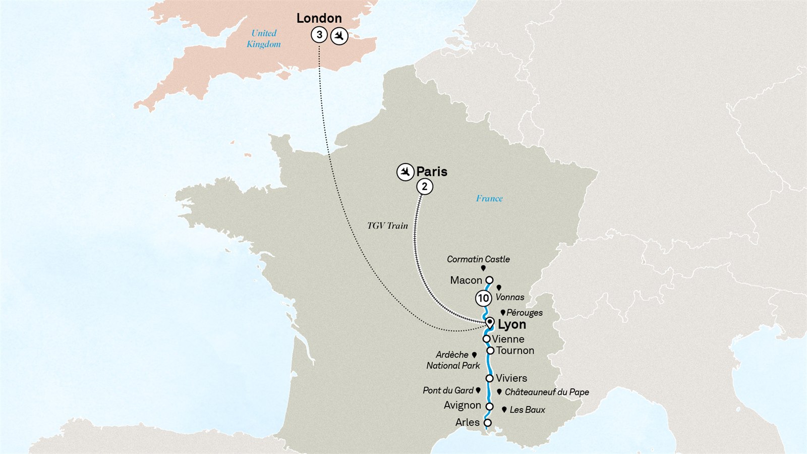 Spectacular South of France with Paris & London Scenic itinerary route map for voyage PRRL130927.1