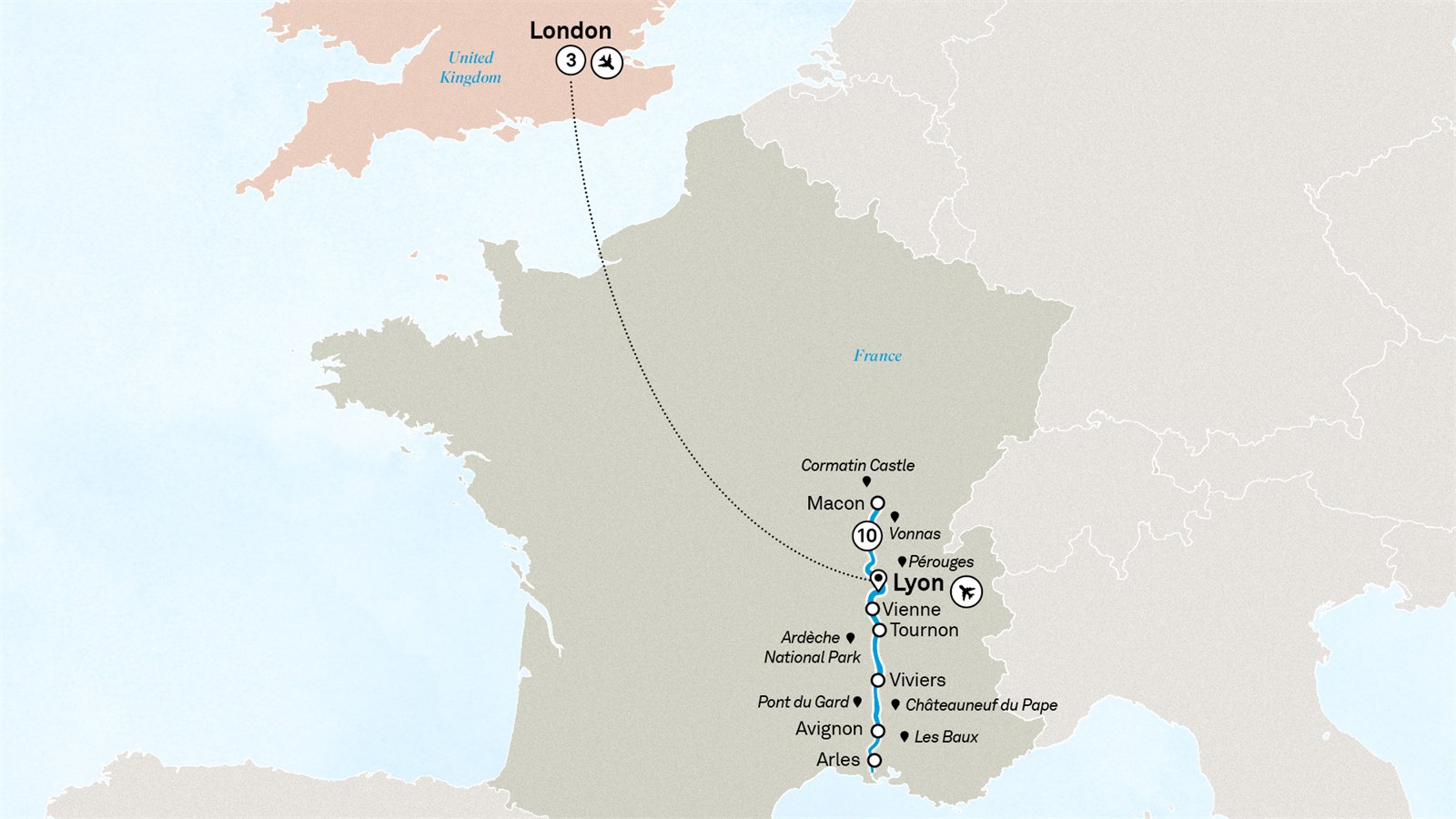 Spectacular South of France with London: Lyon to London Scenic itinerary route map for voyage RRCL050926