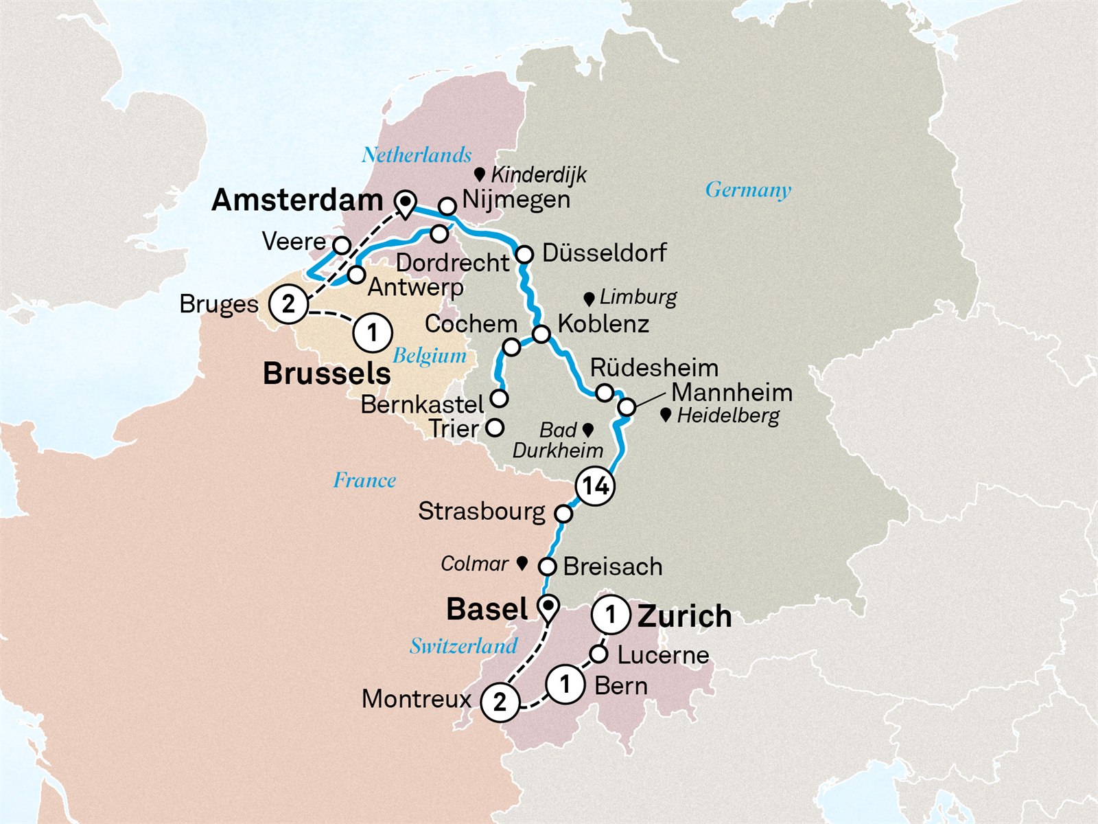 Romantic Rhine & Moselle with Switzerland & Enchanting Belgium: Brussels to Zurich Scenic itinerary route map for voyage SAMB190927.1