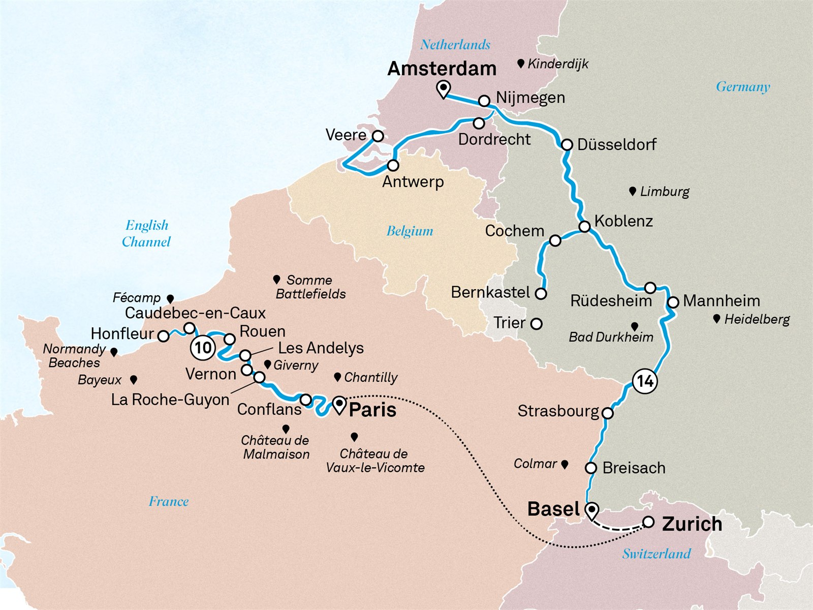 Europe's Heartland: Amsterdam to Paris Scenic itinerary route map for voyage SEAM010927.2