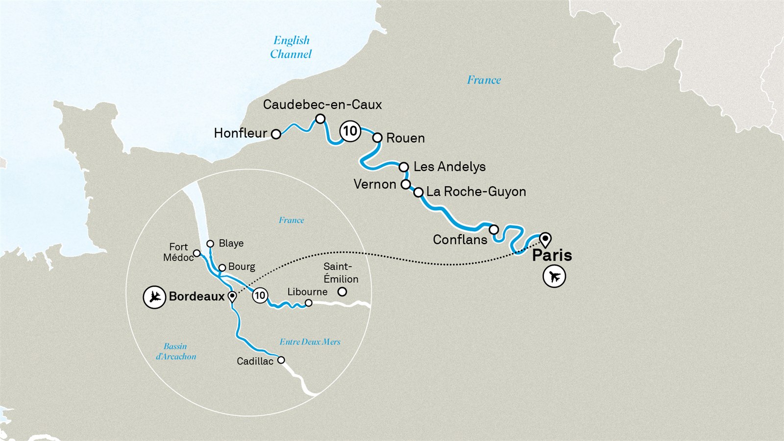 Normandy & Gems of the Seine & Beautiful Bordeaux: Paris to Bordeaux Scenic itinerary route map for voyage SEBO260826.1