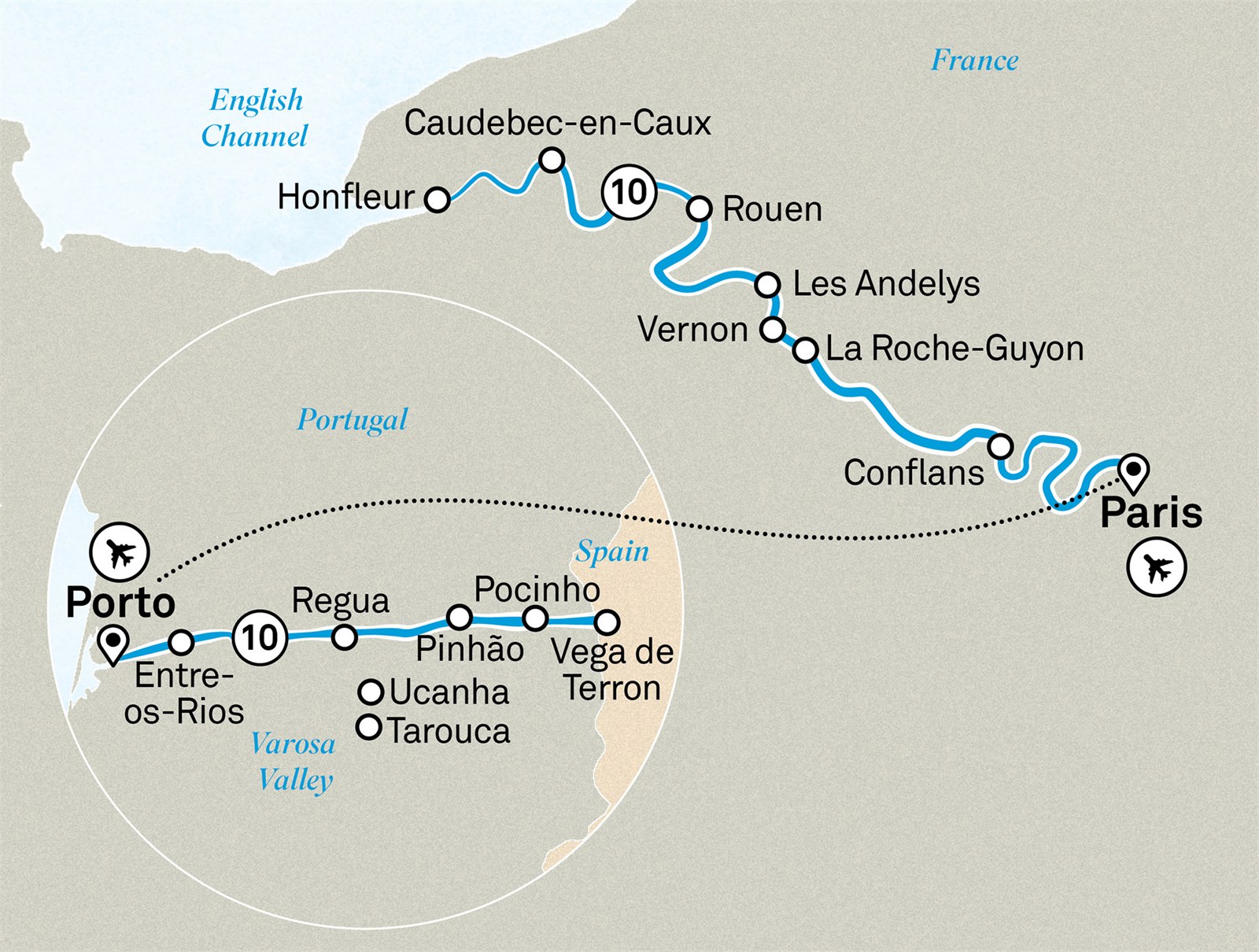 Normandy & Gems of the Seine & Unforgettable Douro: Paris to Porto Scenic itinerary route map for voyage SEDO050926.1