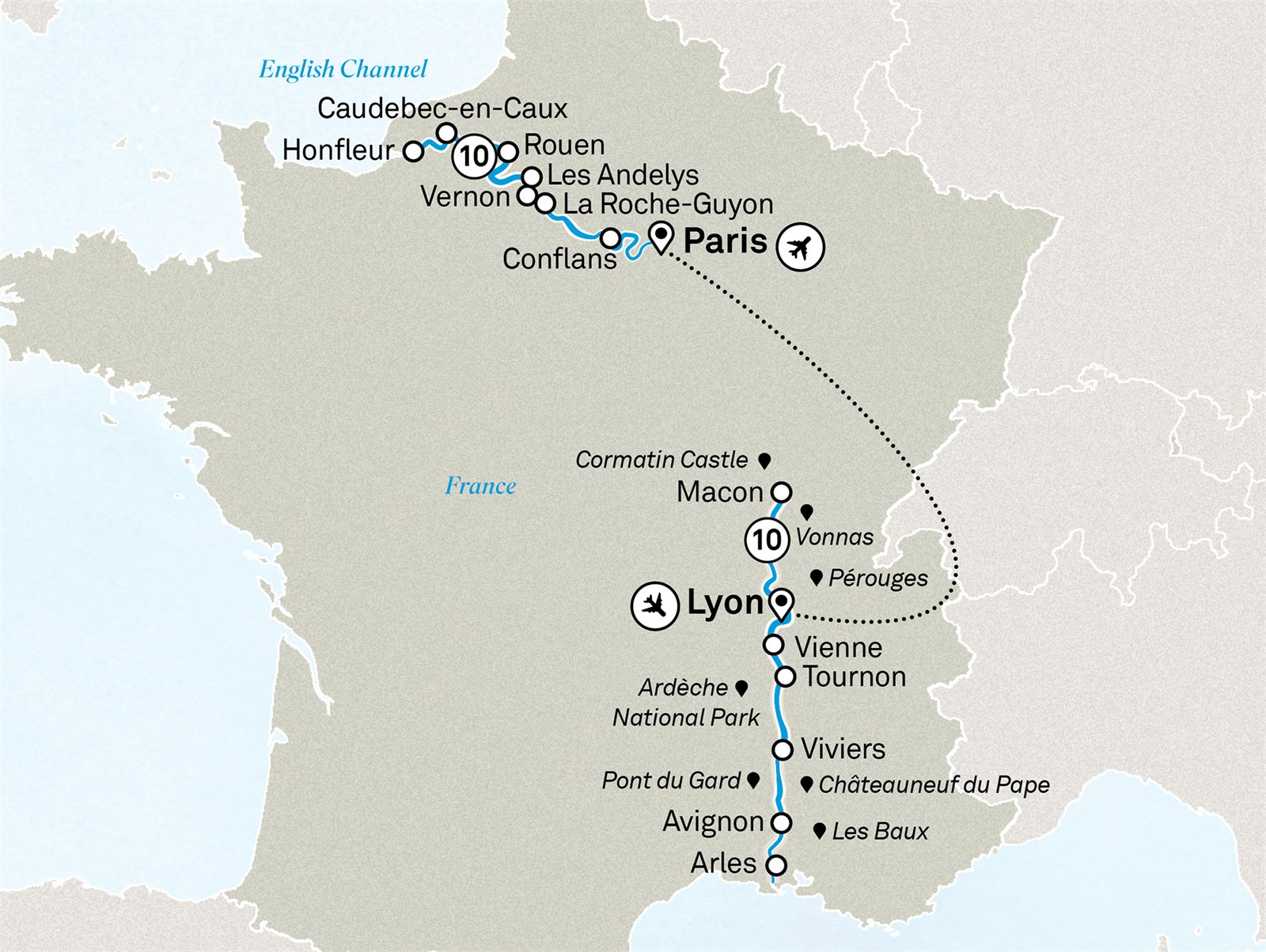 Normandy & Gems of the Seine & Spectacular South of France: Lyon to Paris Scenic itinerary route map for voyage SEFR050926.2
