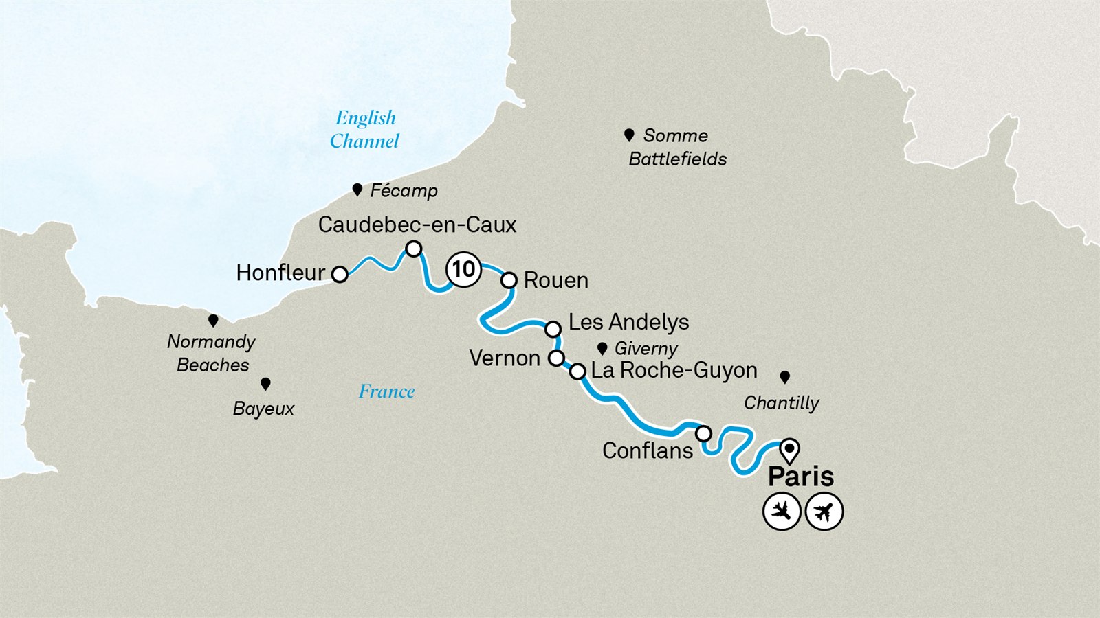 Normandy & Gems of the Seine: Paris to Paris Scenic itinerary route map for voyage SEI190827.1