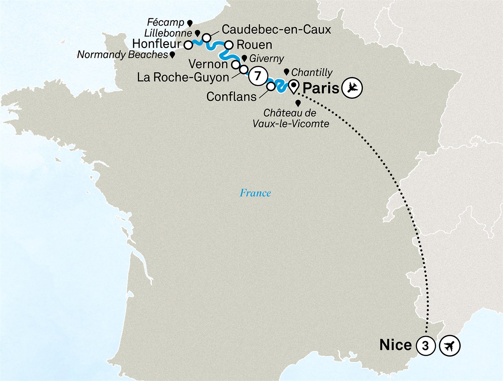 Highlights of Normandy & the Seine with French Riviera: Paris to Nice Scenic itinerary route map for voyage SENC080927.1