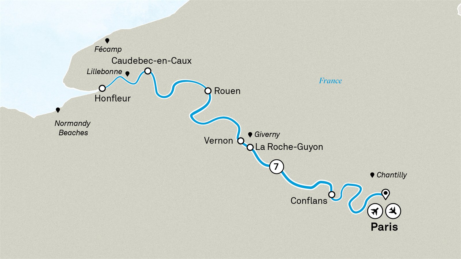 Highlights of Normandy & the Seine: Paris to Paris Scenic itinerary route map for voyage SENE291027.1