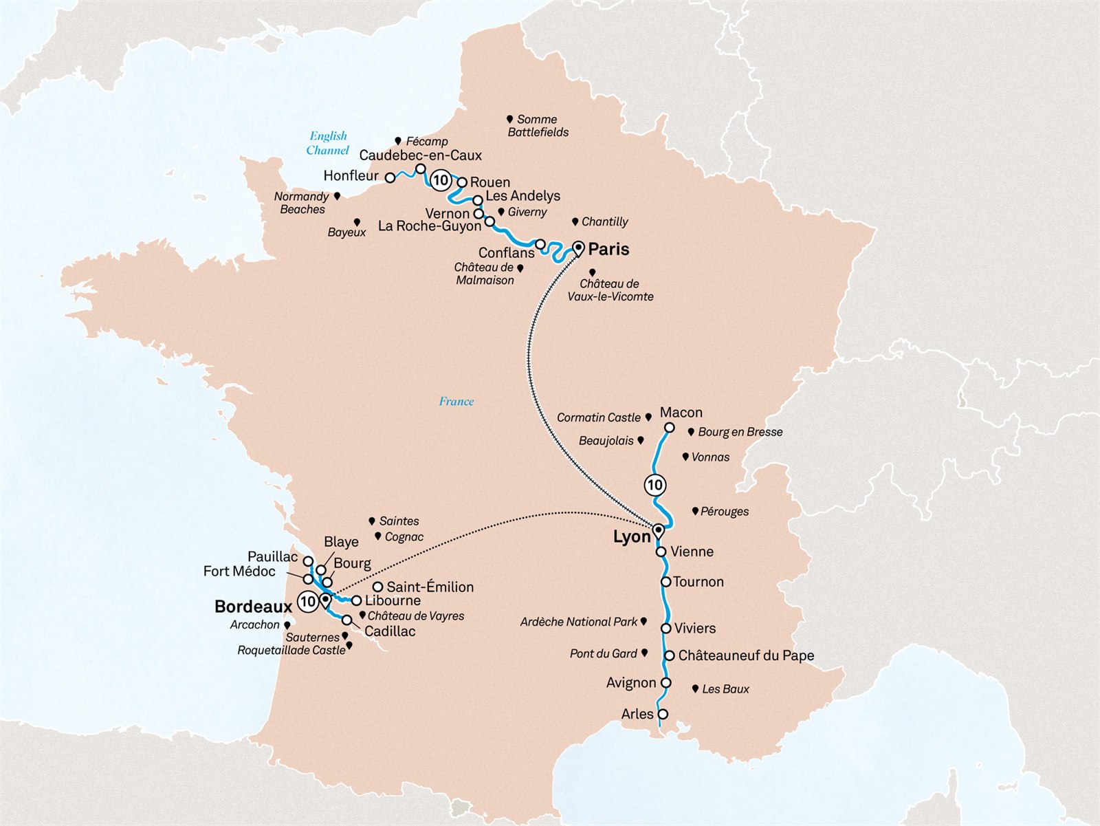 France Encompassed: Paris to Bordeaux Scenic itinerary route map for voyage SFBO300527.1
