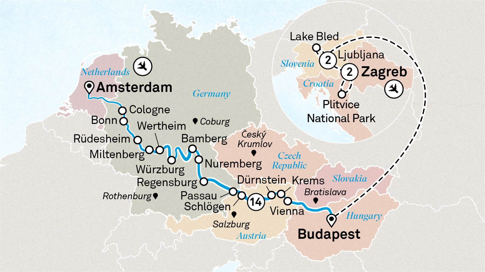Jewels of Europe with Zagreb & Ljubljana: Zagreb to Amsterdam Scenic itinerary route map for voyage SGZA280527.2