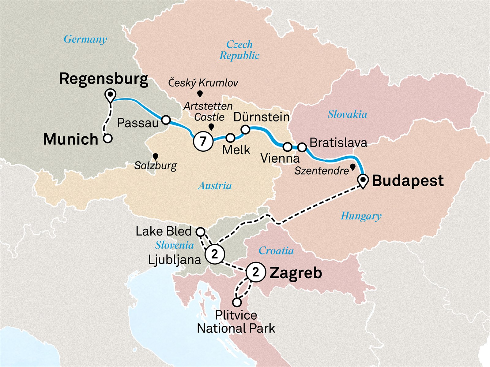 Gems of the Danube with Ljubljana & Zagreb: Zagreb to Munich Scenic itinerary route map for voyage SGZN190628.2