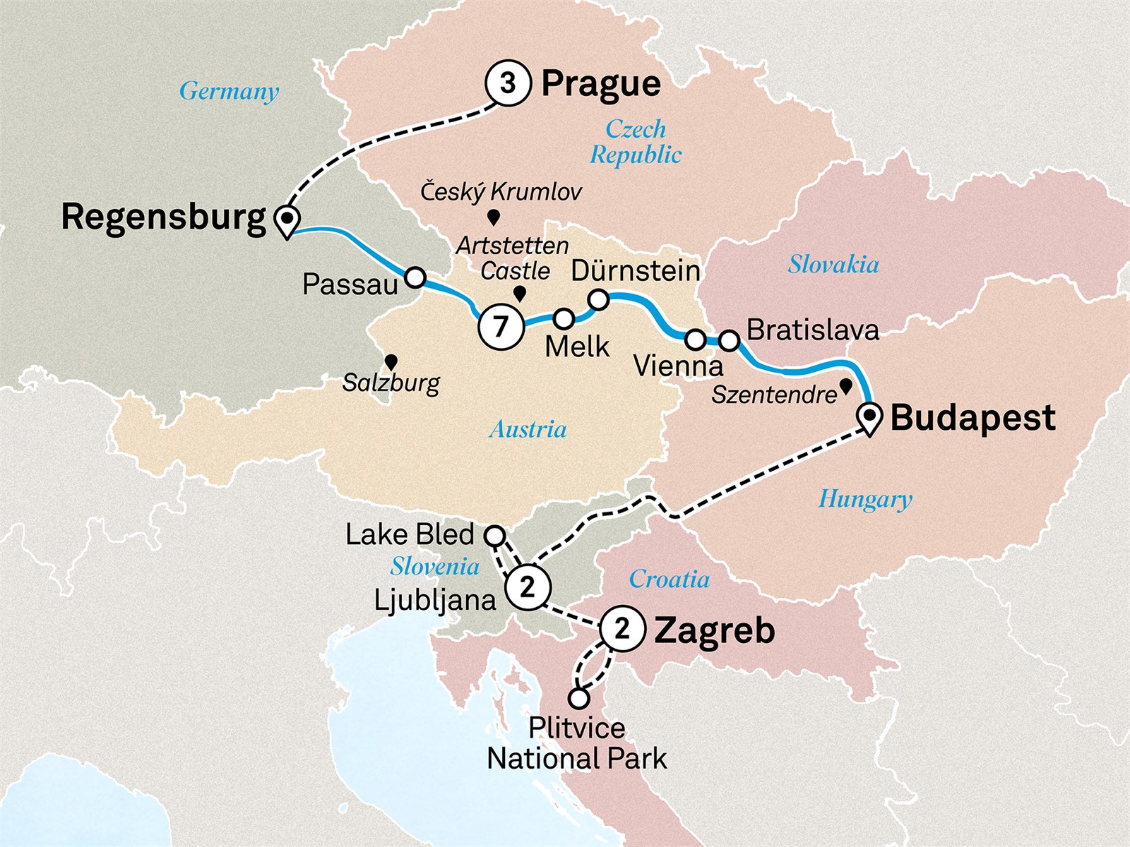 Gems of the Danube with Prague & Ljubljana & Zagreb Scenic itinerary route map for voyage SGZP080528.2