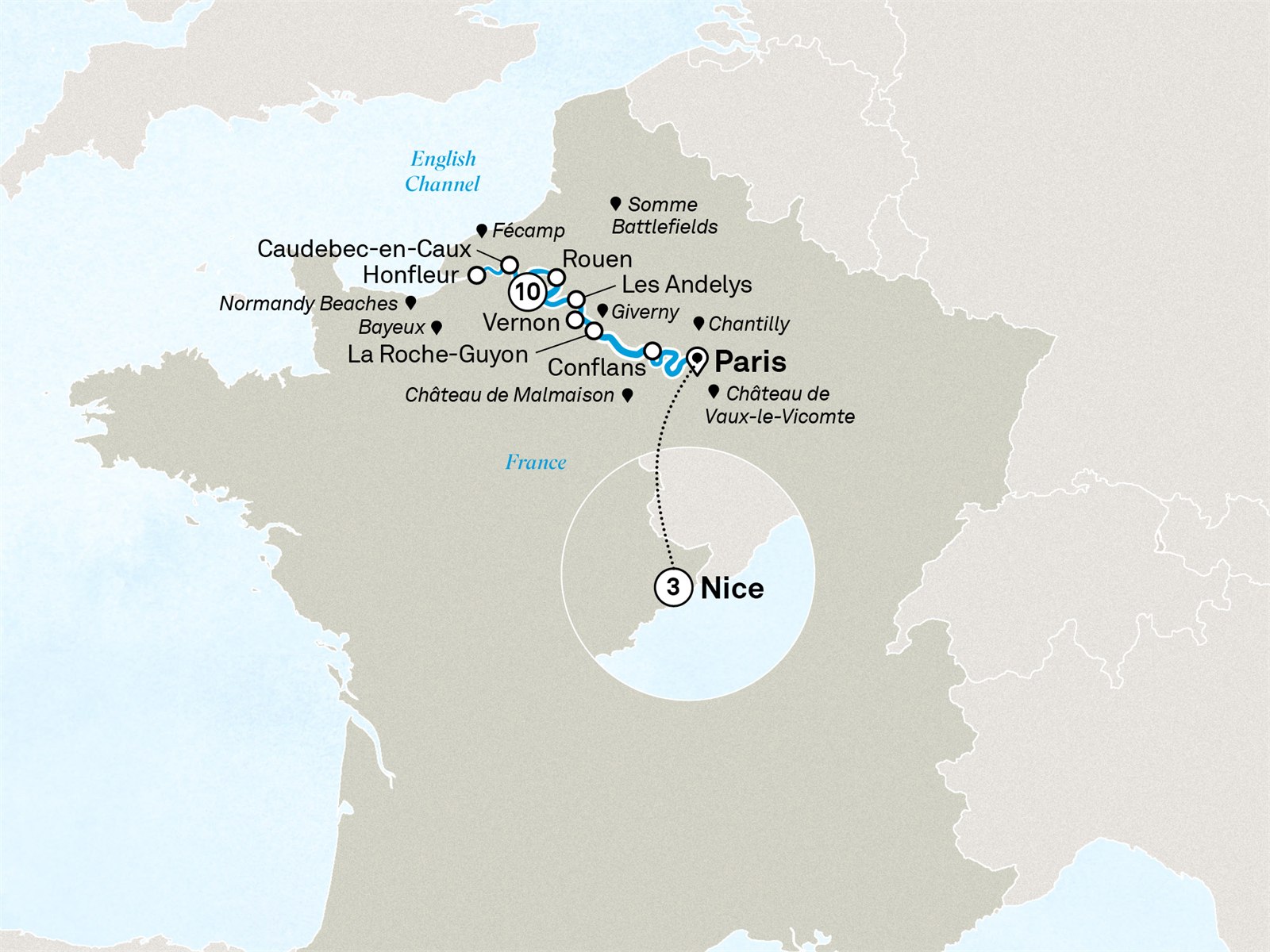 Normandy & Gems of the Seine with French Riviera: Paris to Nice Scenic itinerary route map for voyage SINC190827.1