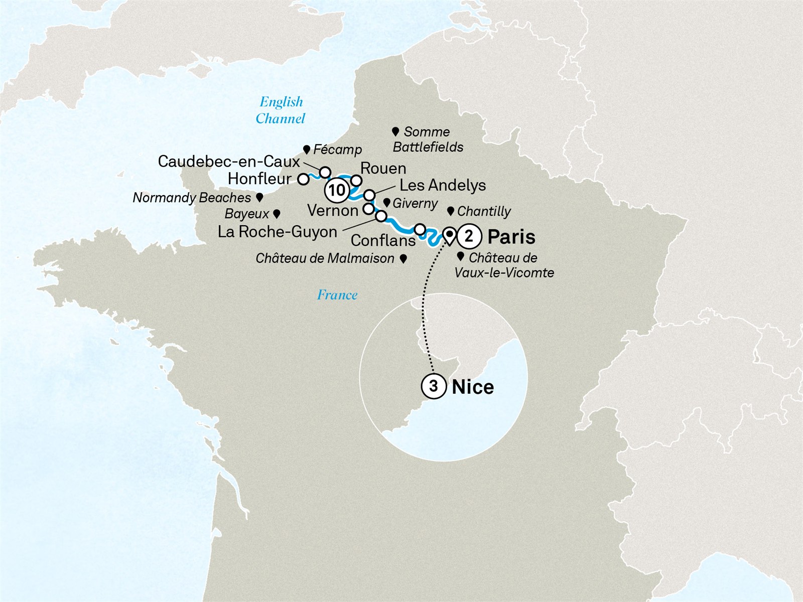 Normandy & Gems of the Seine with Paris & the French Riviera: Paris to Nice Scenic itinerary route map for voyage SIPN180527.1