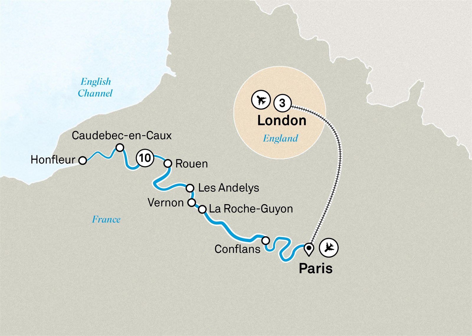 Normandy & Gems of the Seine with London: Paris to London Scenic itinerary route map for voyage SRCL160826.1