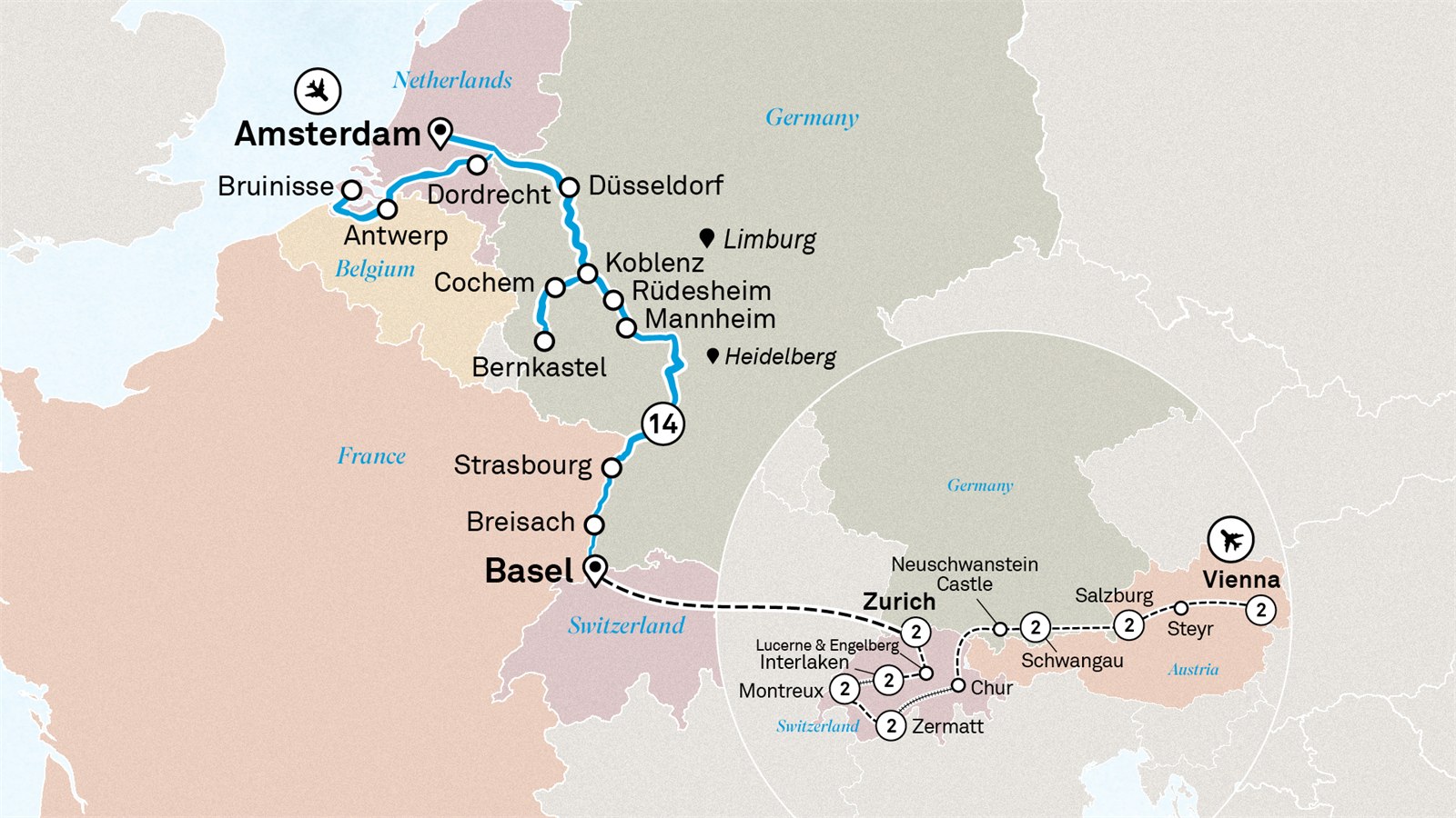 Romantic Rhine & Moselle with Wonders of Switzerland & Austria: Amsterdam to Vienna Scenic itinerary route map for voyage SSAB260826.1