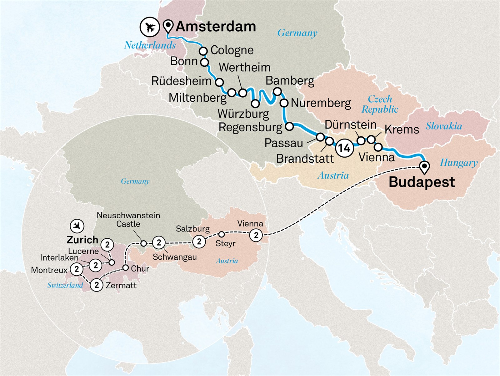 Jewels of Europe with Wonders of Switzerland & Austria: Zurich to Amsterdam Scenic itinerary route map for voyage SSAC090926.2