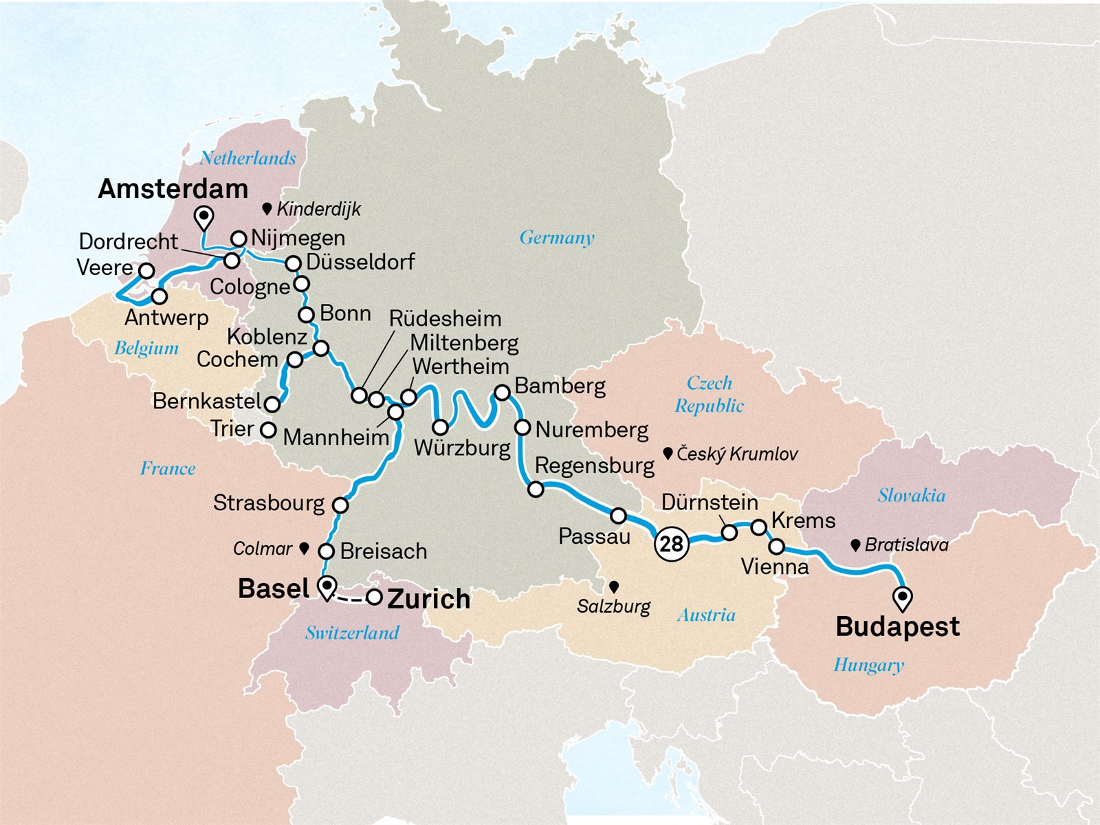 Jewels of Europe & Romantic Rhine & Moselle: Budapest to Zurich Scenic itinerary route map for voyage STAM020627.1