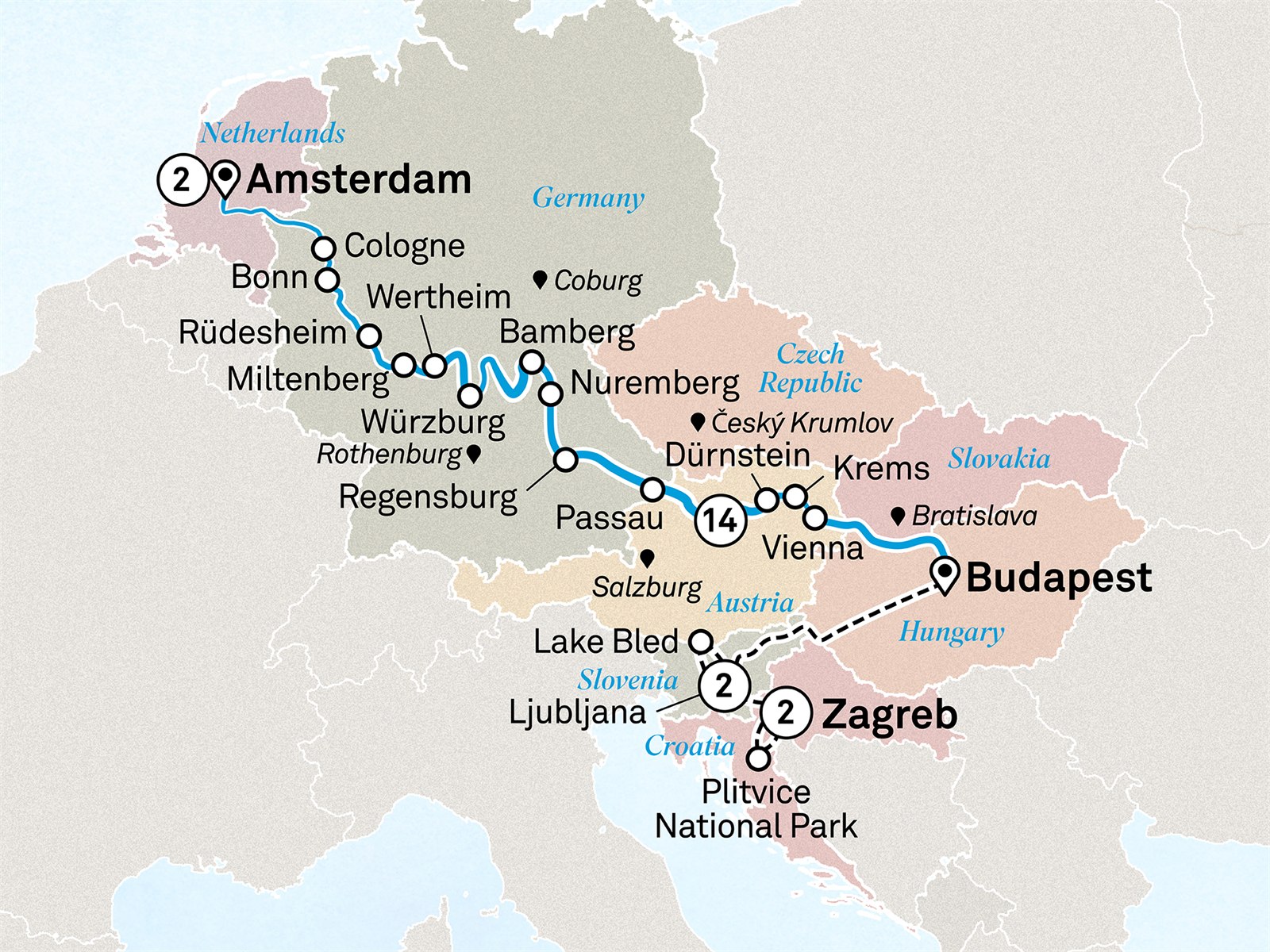 Jewels of Europe with Ljubljana & Zagreb & Amsterdam Scenic itinerary route map for voyage STAZ190628.2