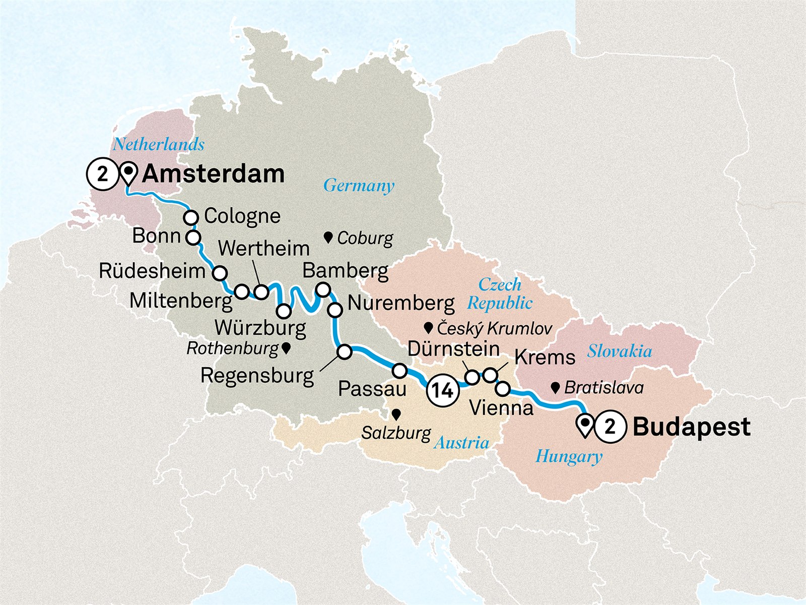 Jewels of Europe with Amsterdam & Budapest Scenic itinerary route map for voyage STBA130928.2