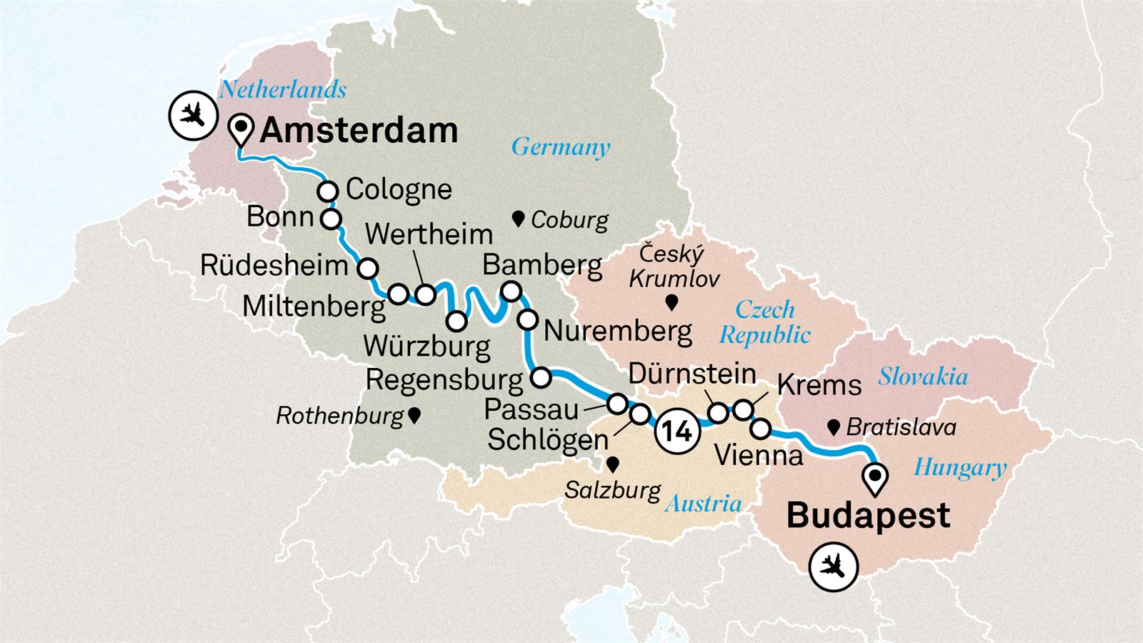 Jewels of Europe: Amsterdam to Budapest Scenic itinerary route map for voyage STC090327.1W