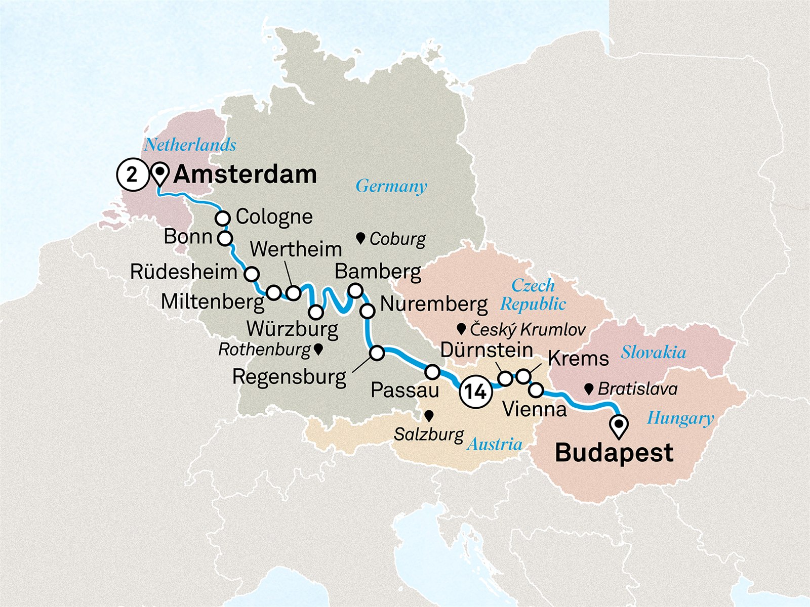 Jewels of Europe with Amsterdam: Budapest to Amsterdam Scenic itinerary route map for voyage STCA280428.2