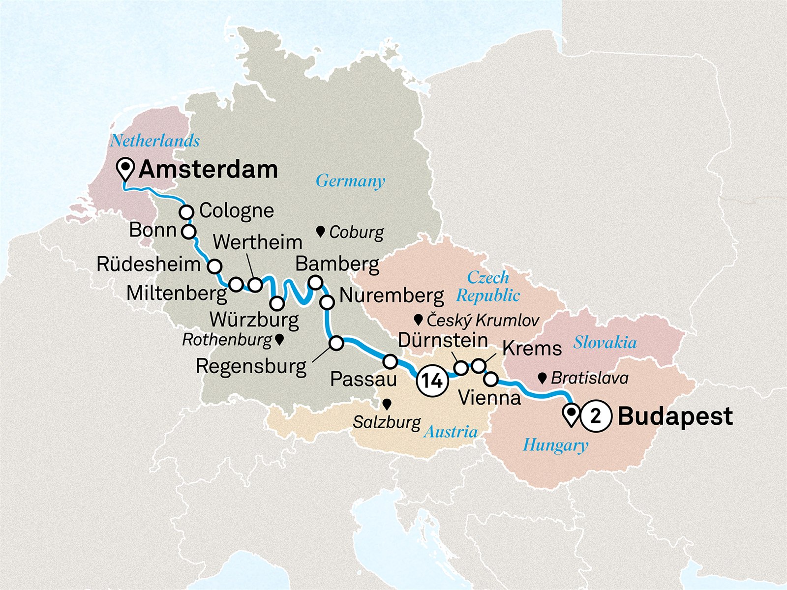 Jewels of Europe with Budapest: Budapest to Amsterdam Scenic itinerary route map for voyage STCB070628.2