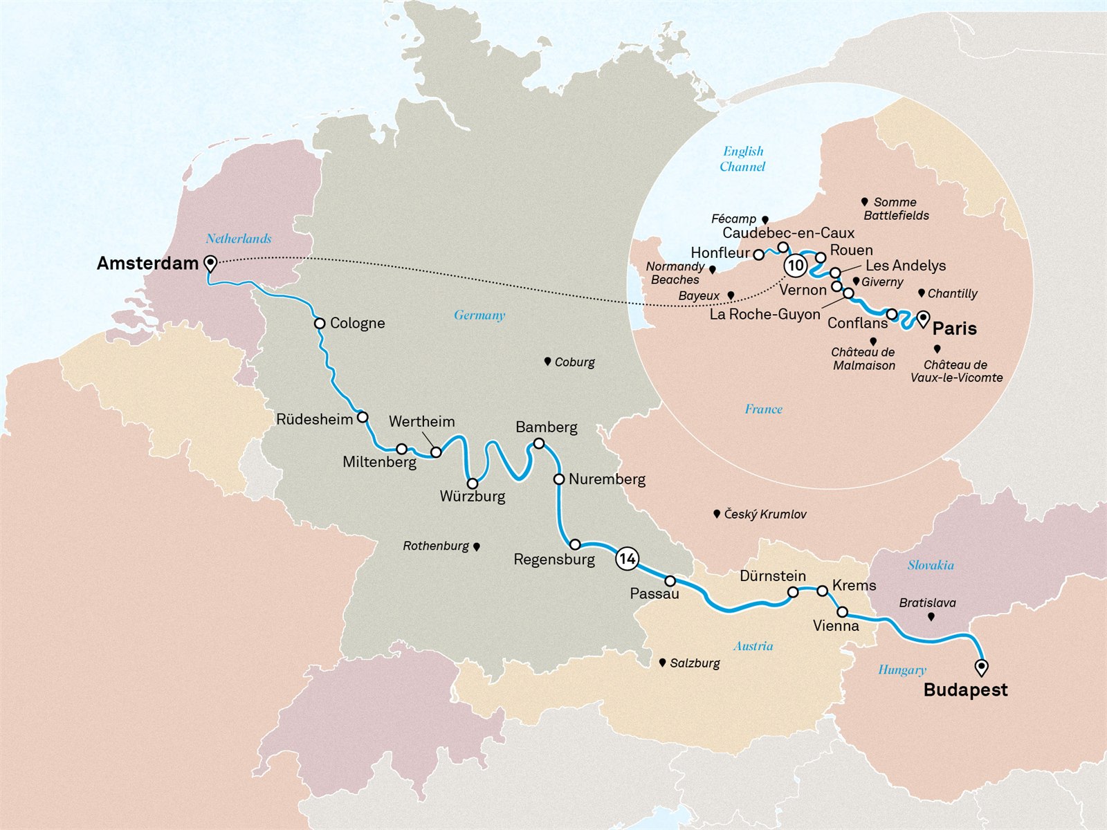 Jewels of Europe & Normandy & Gems of the Seine: Amsterdam to Paris Scenic itinerary route map for voyage STSE020727.1