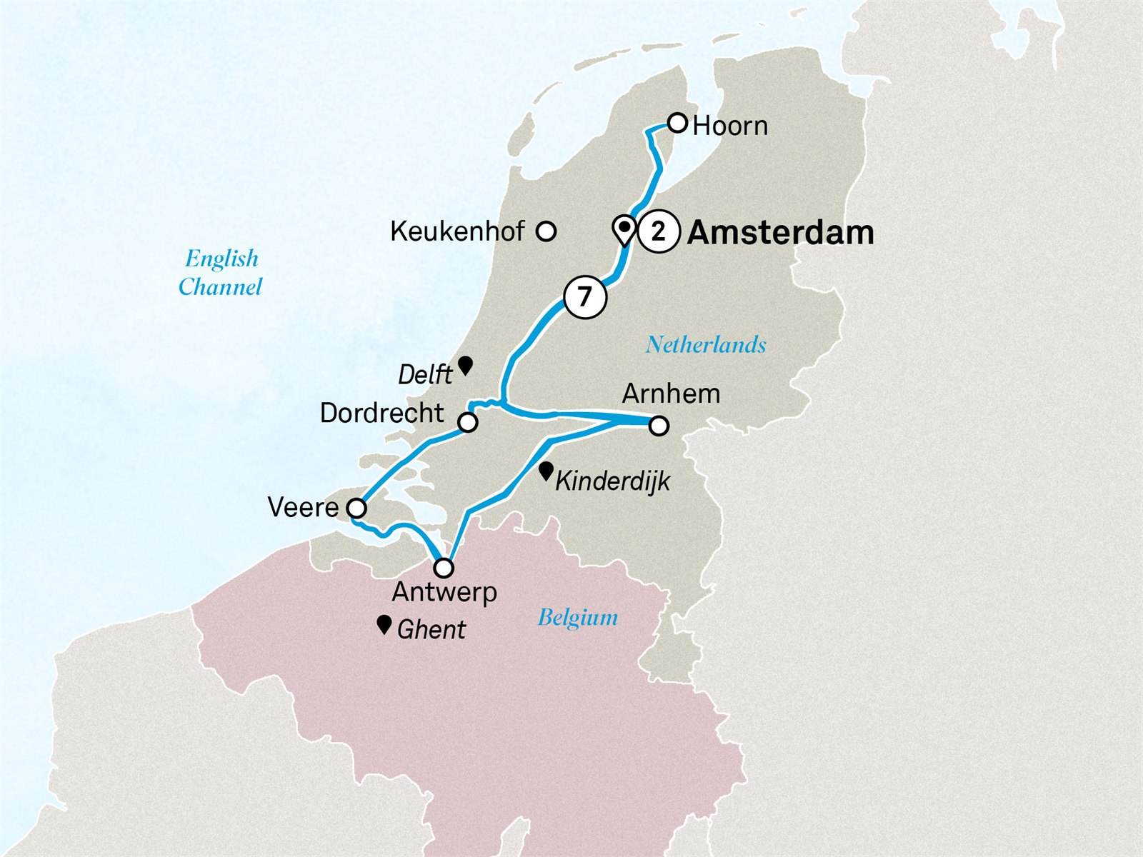 Windmills, Tulips & Belgian Delights with Amsterdam Scenic itinerary route map for voyage TAAM140427.2