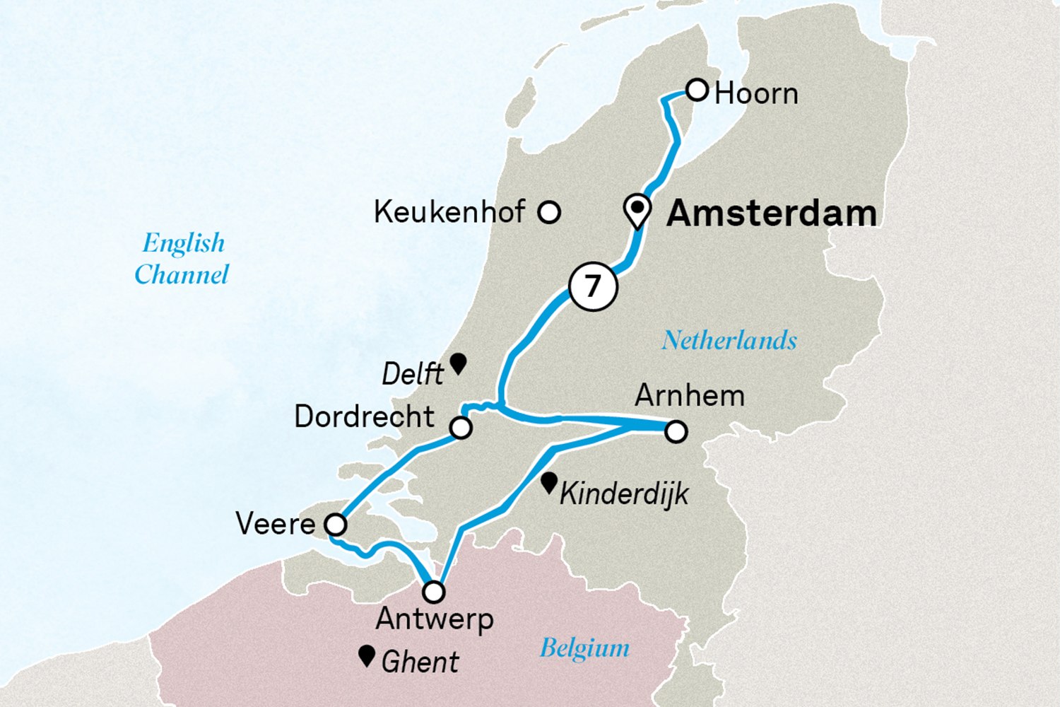 Windmills, Tulips & Belgian Delights: Amsterdam to Amsterdam Scenic itinerary route map for voyage TUAA140427.1