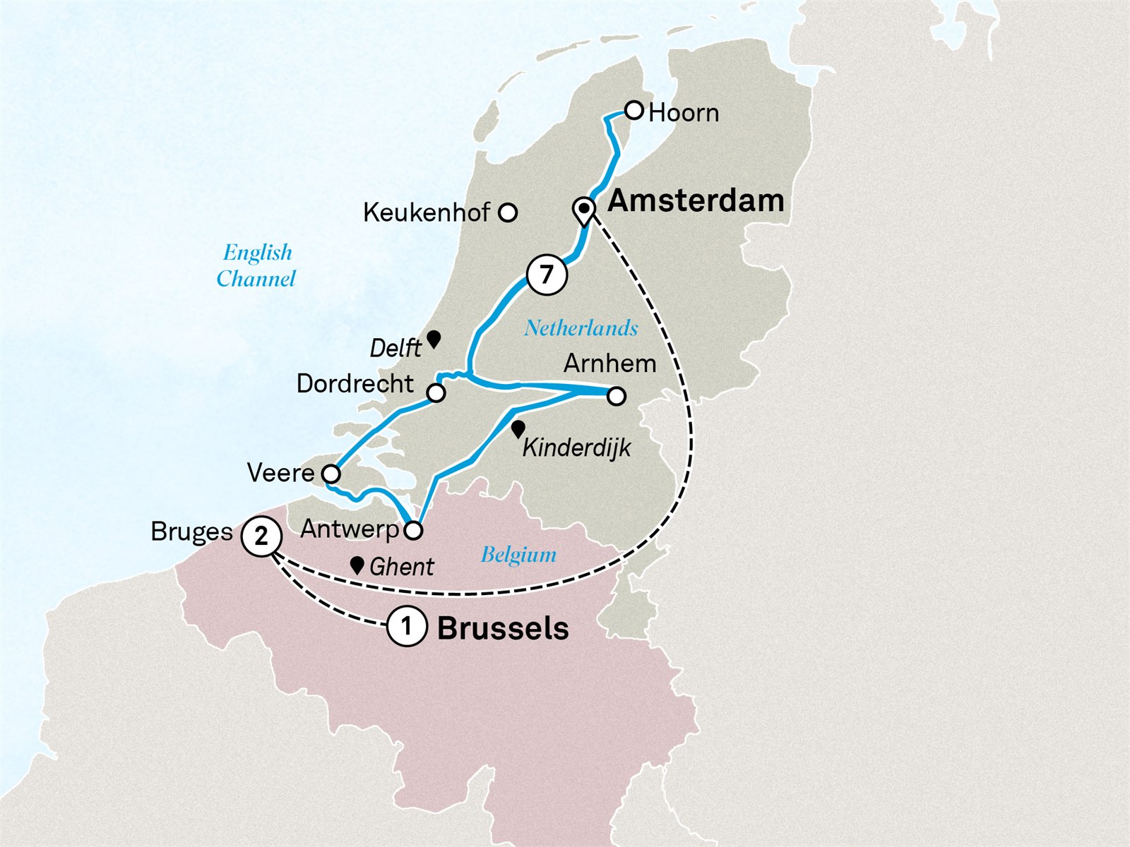 Windmills, Tulips & Belgian Delights with Enchanting Belgium: Brussels to Amsterdam Scenic itinerary route map for voyage TUAB040427.1