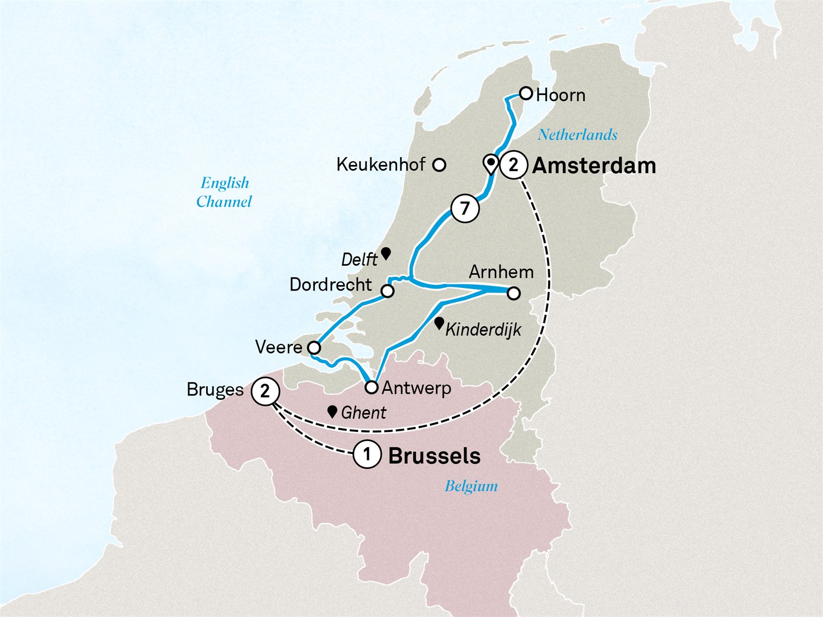 Windmills, Tulips & Belgian Delights with Amsterdam & Enchanting Belgium: Brussels to Amsterdam Scenic itinerary route map for voyage TUBA110427.2